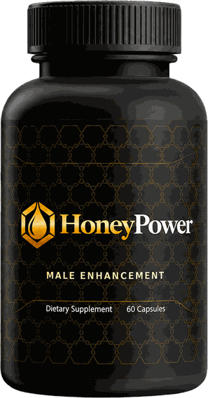 HoneyPower Male Enhancement dietary supplement, 60 capsules, black bottle with gold honeycomb artwork